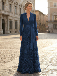 V Neck Satin Mother of the Bride Dresses with Lace Appliques
