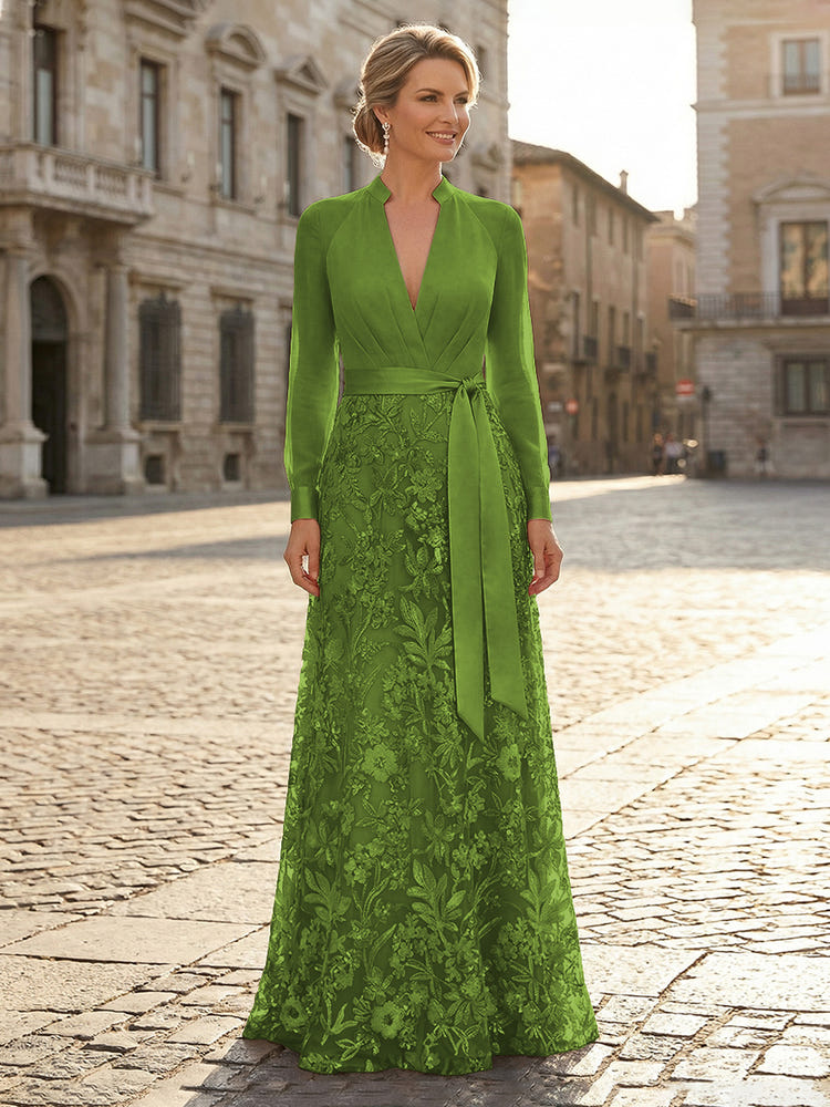 V Neck Satin Mother of the Bride Dresses with Lace Appliques