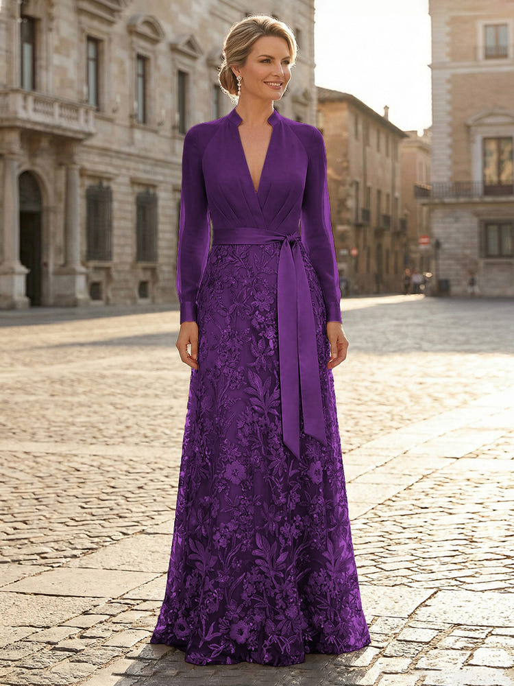 V Neck Satin Mother of the Bride Dresses with Lace Appliques