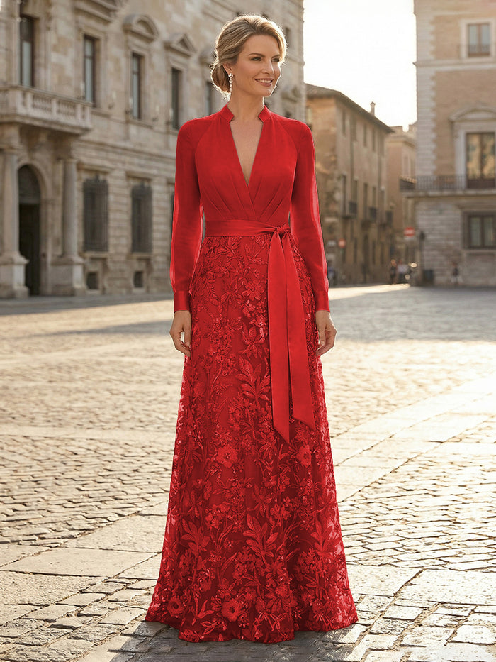 V Neck Satin Mother of the Bride Dresses with Lace Appliques