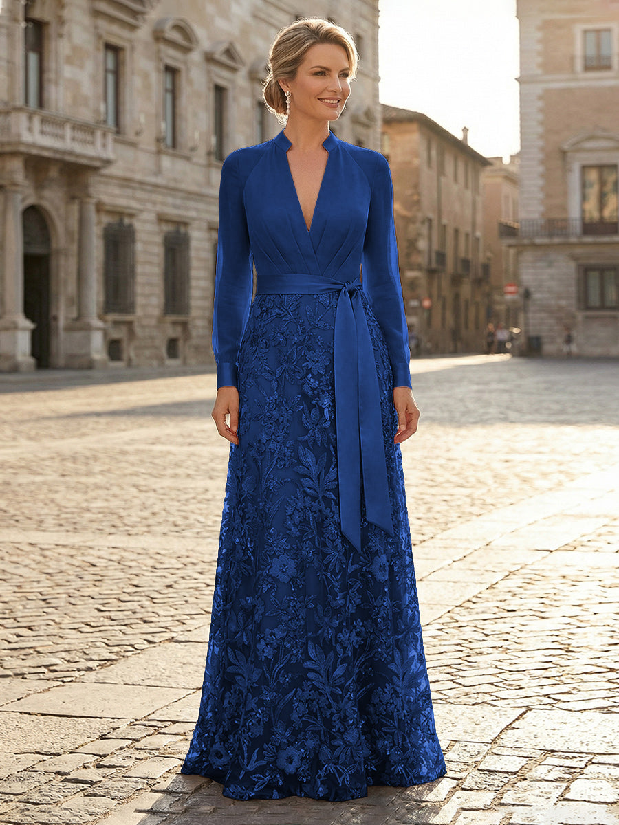 V Neck Satin Mother of the Bride Dresses with Lace Appliques