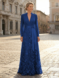 V Neck Satin Mother of the Bride Dresses with Lace Appliques