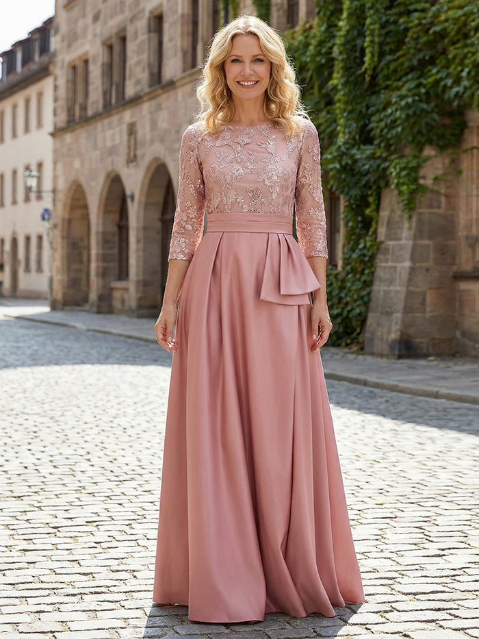 Round Neck Satin Mother of the Bride Dresses with Sleeves