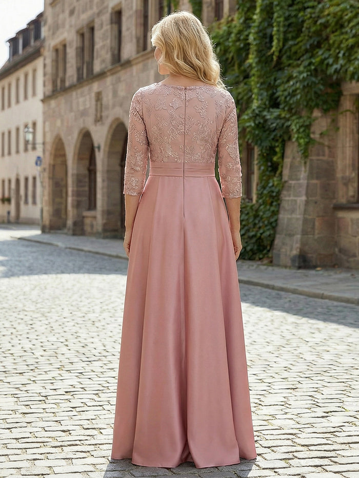 Round Neck Satin Mother of the Bride Dresses with Sleeves