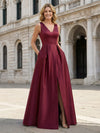 V Neck Satin Mother of the Bride Dresses with Slit