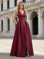 V Neck Satin Mother of the Bride Dresses with Slit