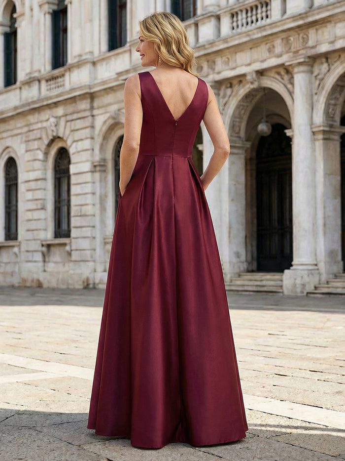 V Neck Satin Mother of the Bride Dresses with Slit
