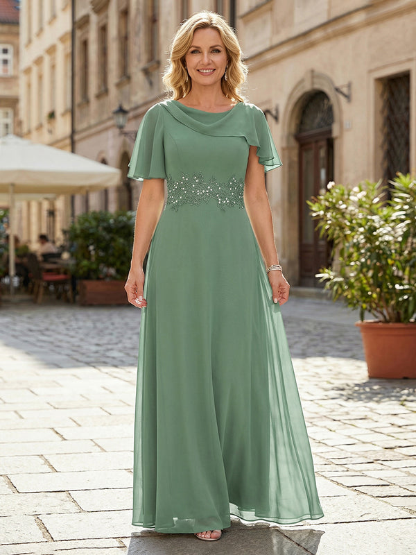 Chiffon Short Sleeves A Line Dress with Lace Beads for Mother of the Bride Dresses