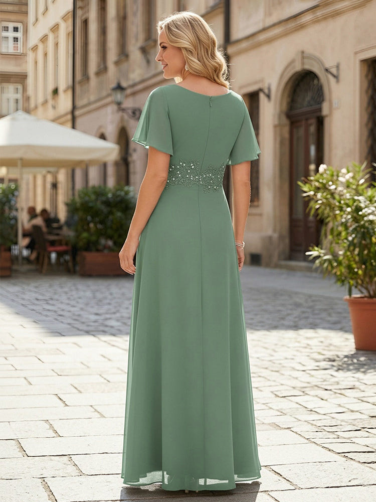 Chiffon Short Sleeves A Line Dress with Lace Beads for Mother of the Bride Dresses
