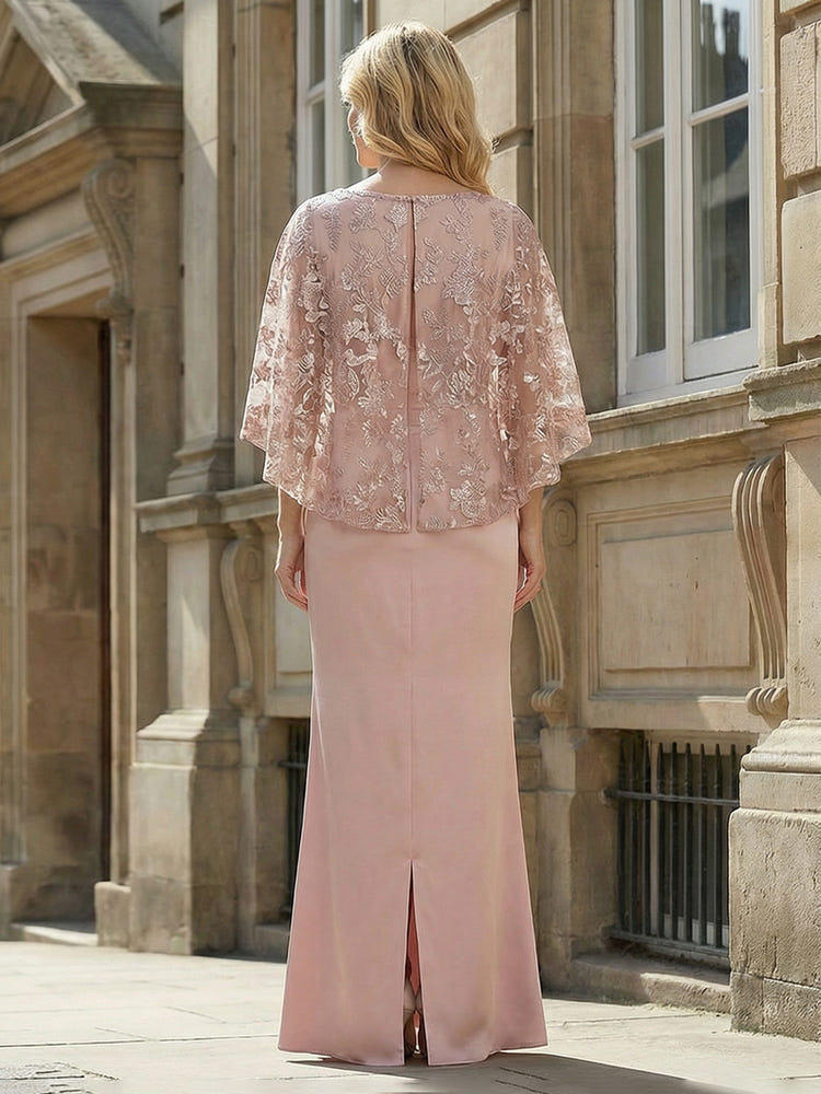 Round Neck Satin Floor Length Mother of the Bride Dresses with Caps