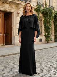 Round Neck Chiffon Floor Length Mother of the Bride Dresses with Caps