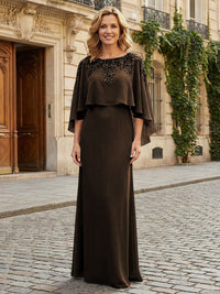 Round Neck Chiffon Floor Length Mother of the Bride Dresses with Caps