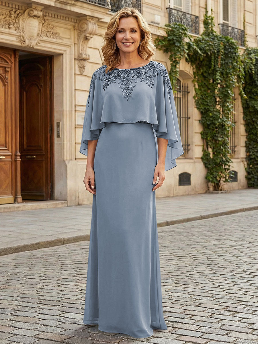 Round Neck Chiffon Floor Length Mother of the Bride Dresses with Caps