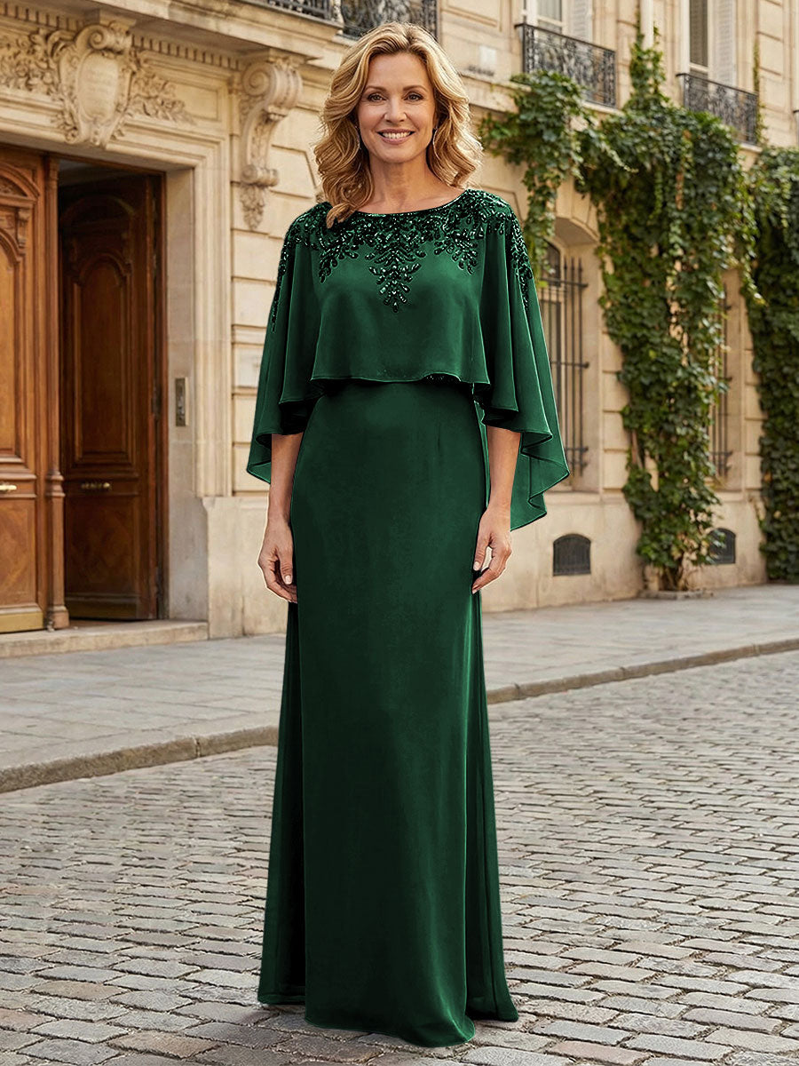 Round Neck Chiffon Floor Length Mother of the Bride Dresses with Caps