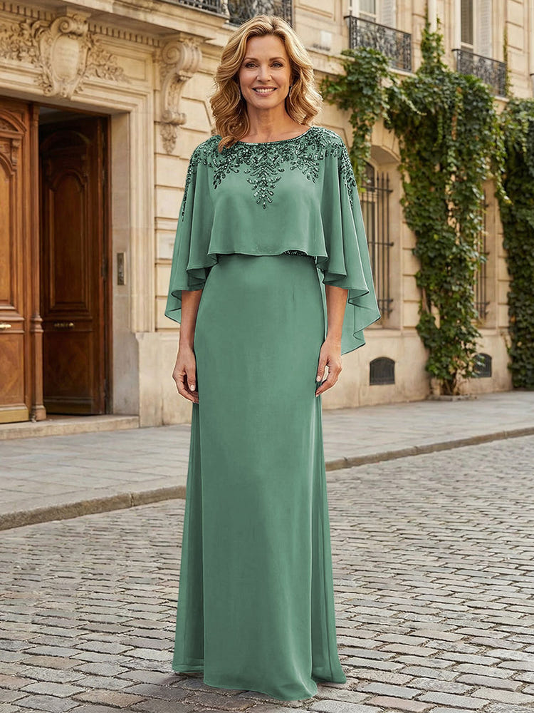 Gracins Sage Round Neck Chiffon Floor Length Mother of the Bride Dresses with Caps 2026