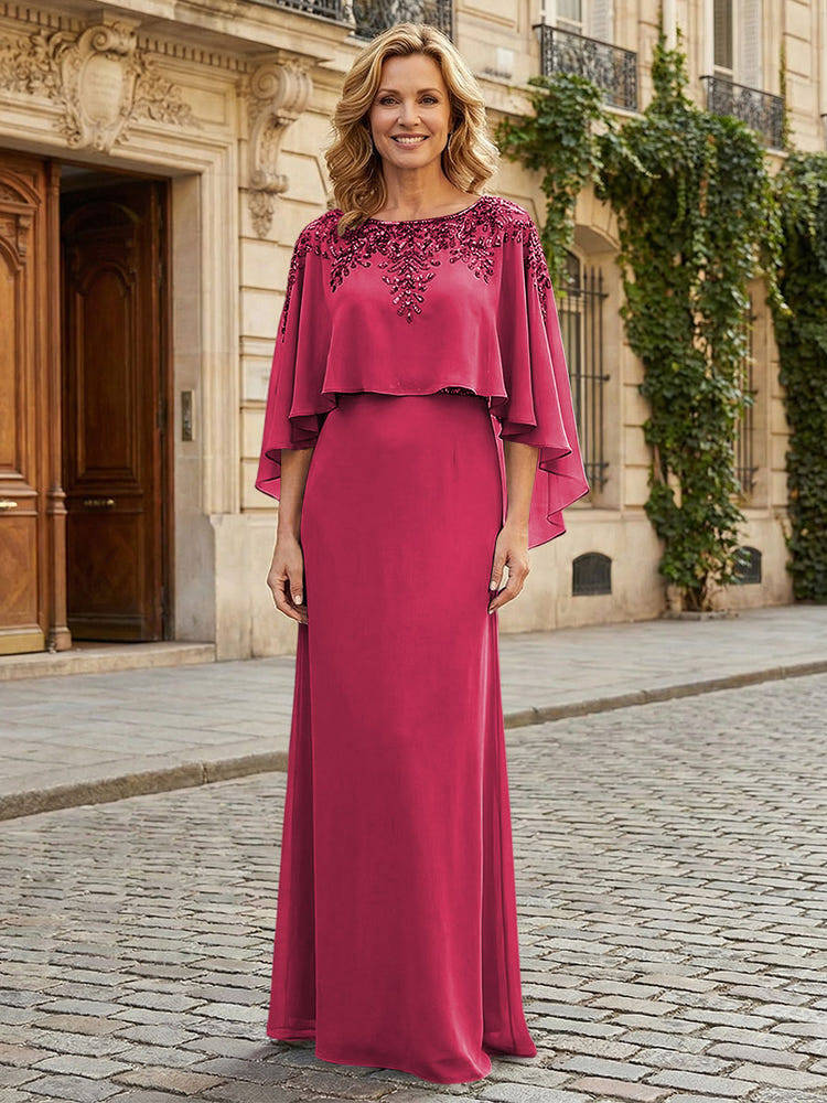 Gracins Red Round Neck Chiffon Floor Length Mother of the Bride Dresses with Caps 2026