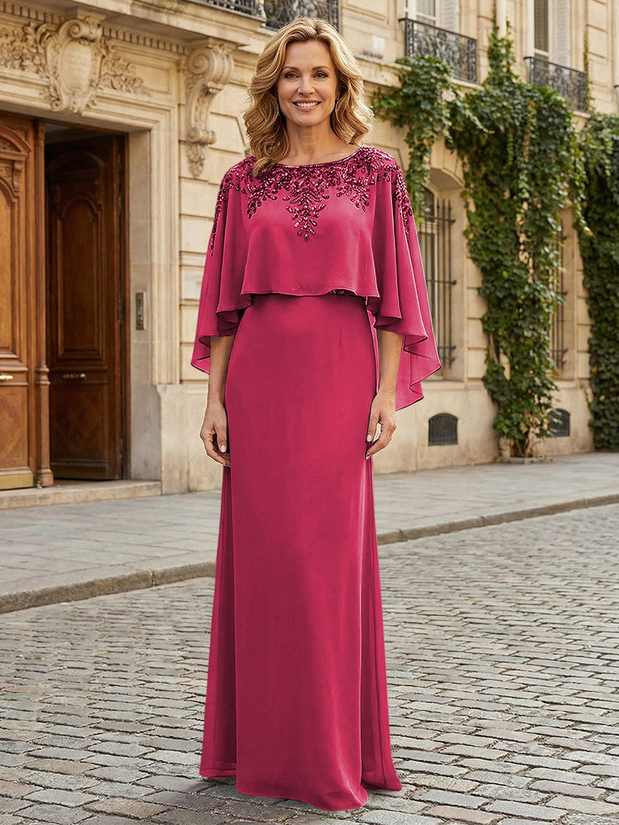 Round Neck Chiffon Floor Length Mother of the Bride Dresses with Caps