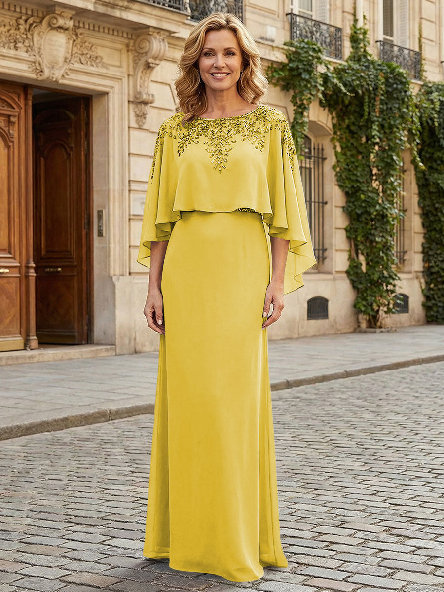 Round Neck Chiffon Floor Length Mother of the Bride Dresses with Caps