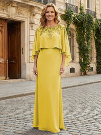Round Neck Chiffon Floor Length Mother of the Bride Dresses with Caps