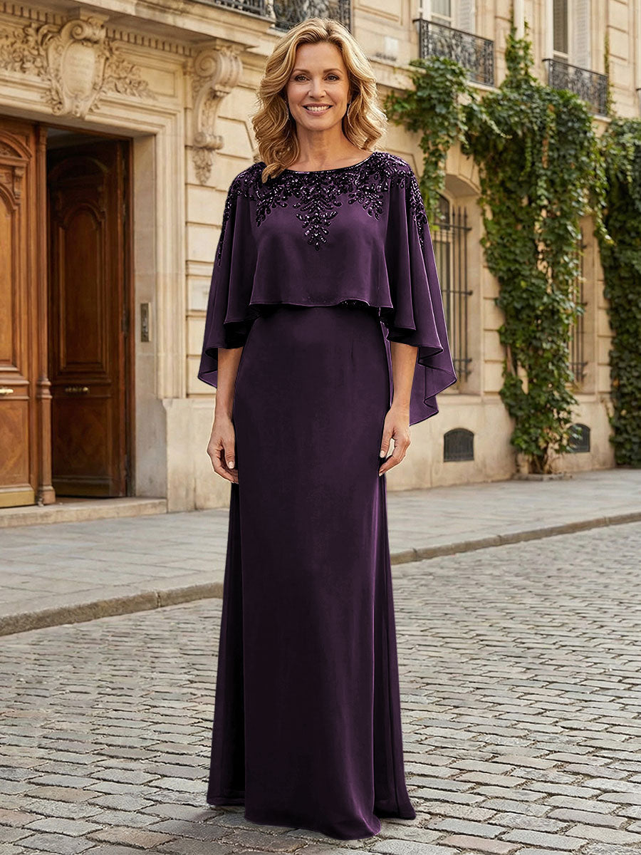 Round Neck Chiffon Floor Length Mother of the Bride Dresses with Caps