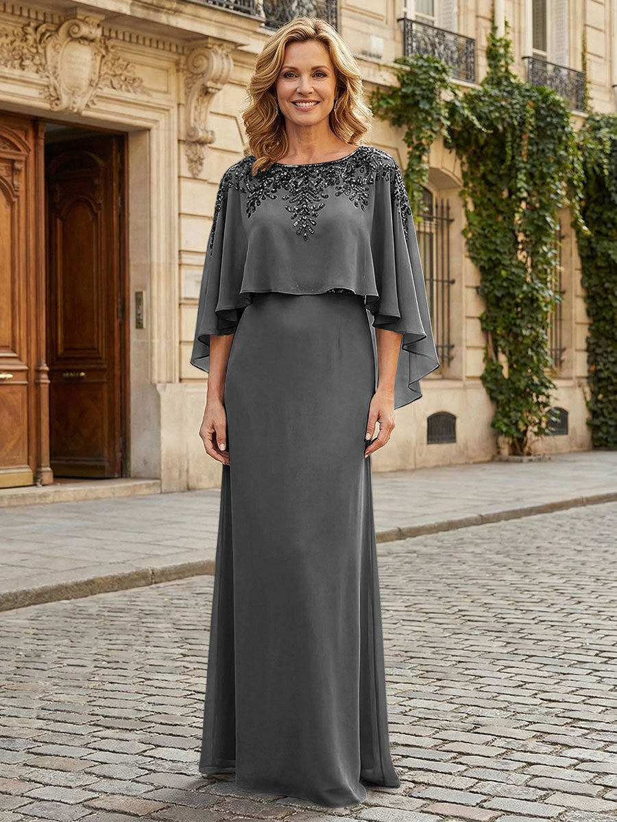 Round Neck Chiffon Floor Length Mother of the Bride Dresses with Caps