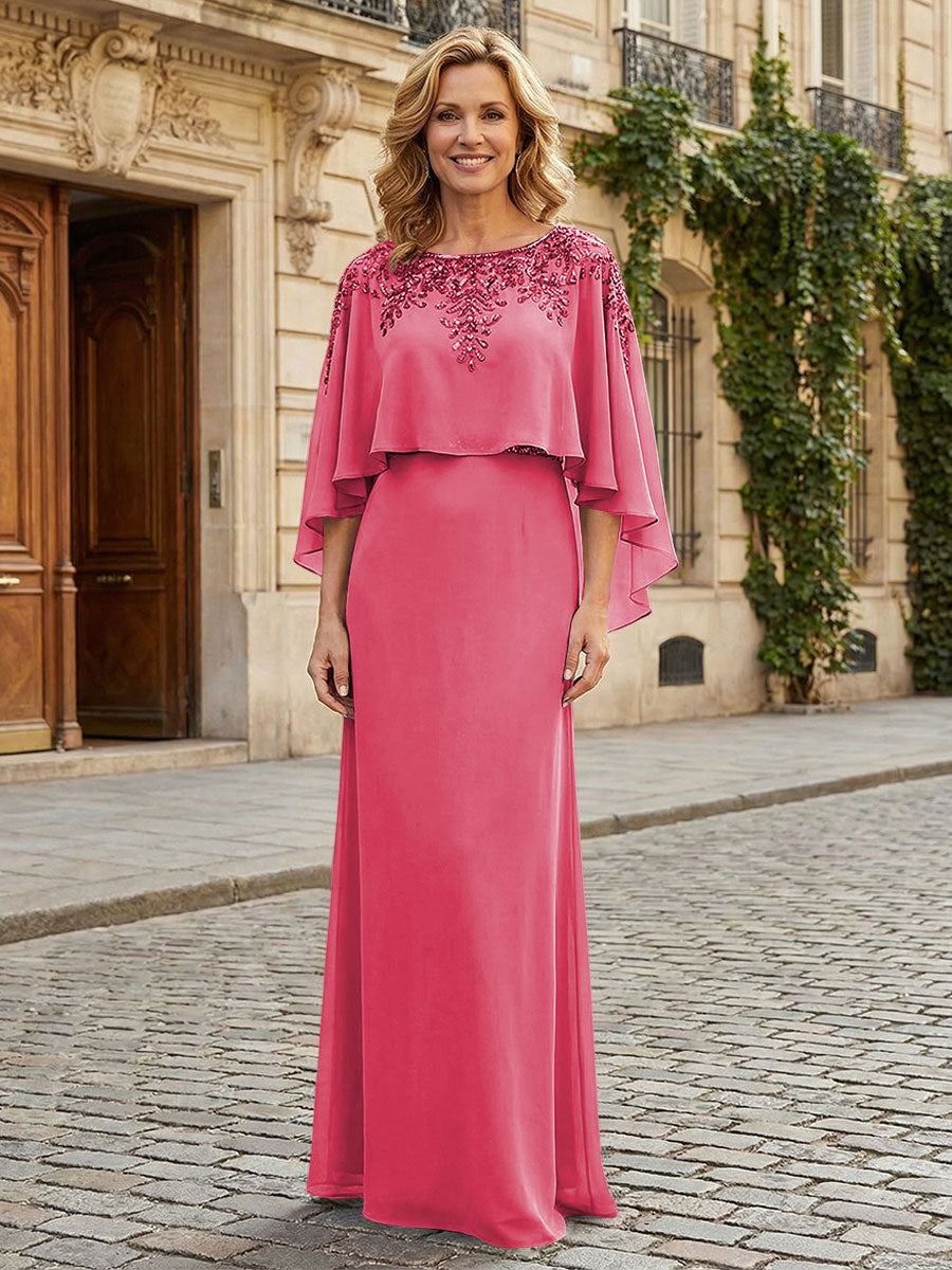 Round Neck Chiffon Floor Length Mother of the Bride Dresses with Caps