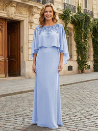 Round Neck Chiffon Floor Length Mother of the Bride Dresses with Caps