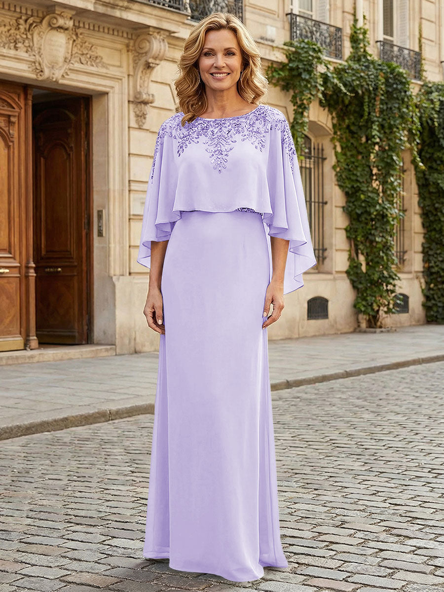 Round Neck Chiffon Floor Length Mother of the Bride Dresses with Caps