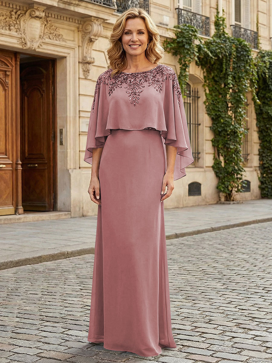 Round Neck Chiffon Floor Length Mother of the Bride Dresses with Caps