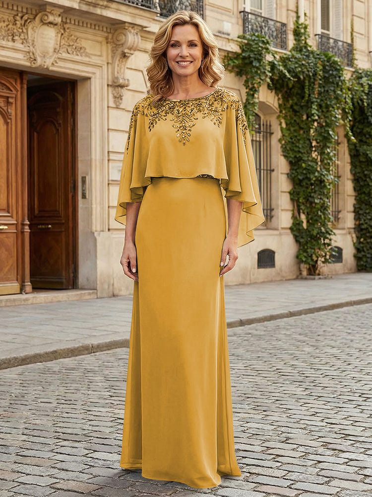 Round Neck Chiffon Floor Length Mother of the Bride Dresses with Caps