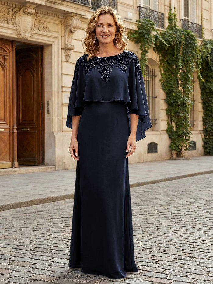 Round Neck Chiffon Floor Length Mother of the Bride Dresses with Caps
