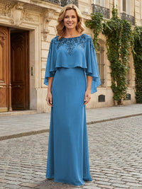 Round Neck Chiffon Floor Length Mother of the Bride Dresses with Caps