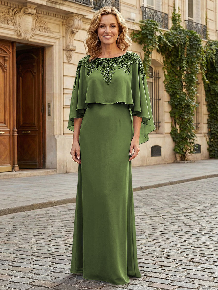 Round Neck Chiffon Floor Length Mother of the Bride Dresses with Caps