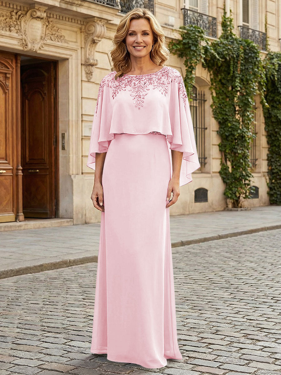 Round Neck Chiffon Floor Length Mother of the Bride Dresses with Caps
