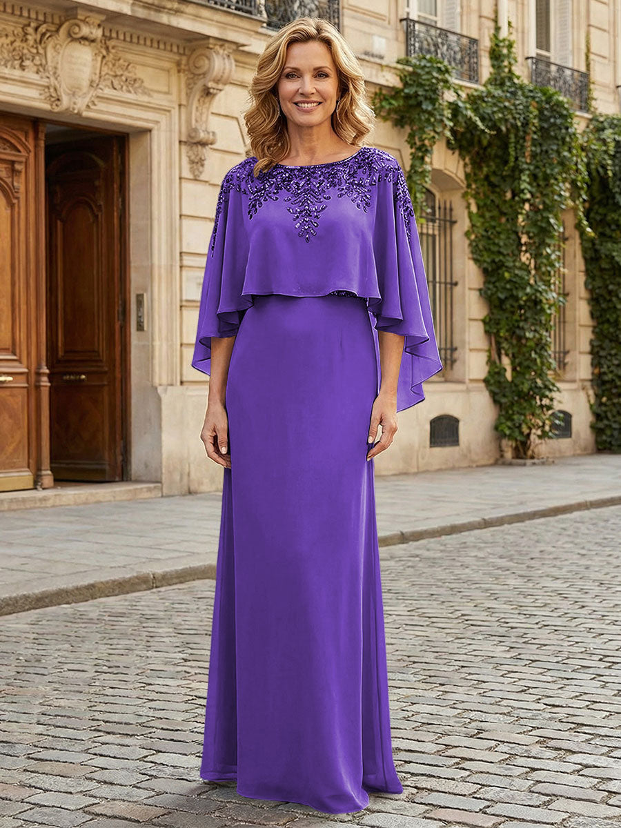 Round Neck Chiffon Floor Length Mother of the Bride Dresses with Caps