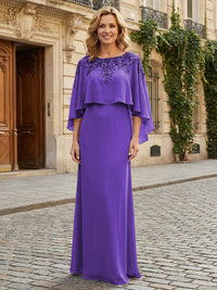 Round Neck Chiffon Floor Length Mother of the Bride Dresses with Caps