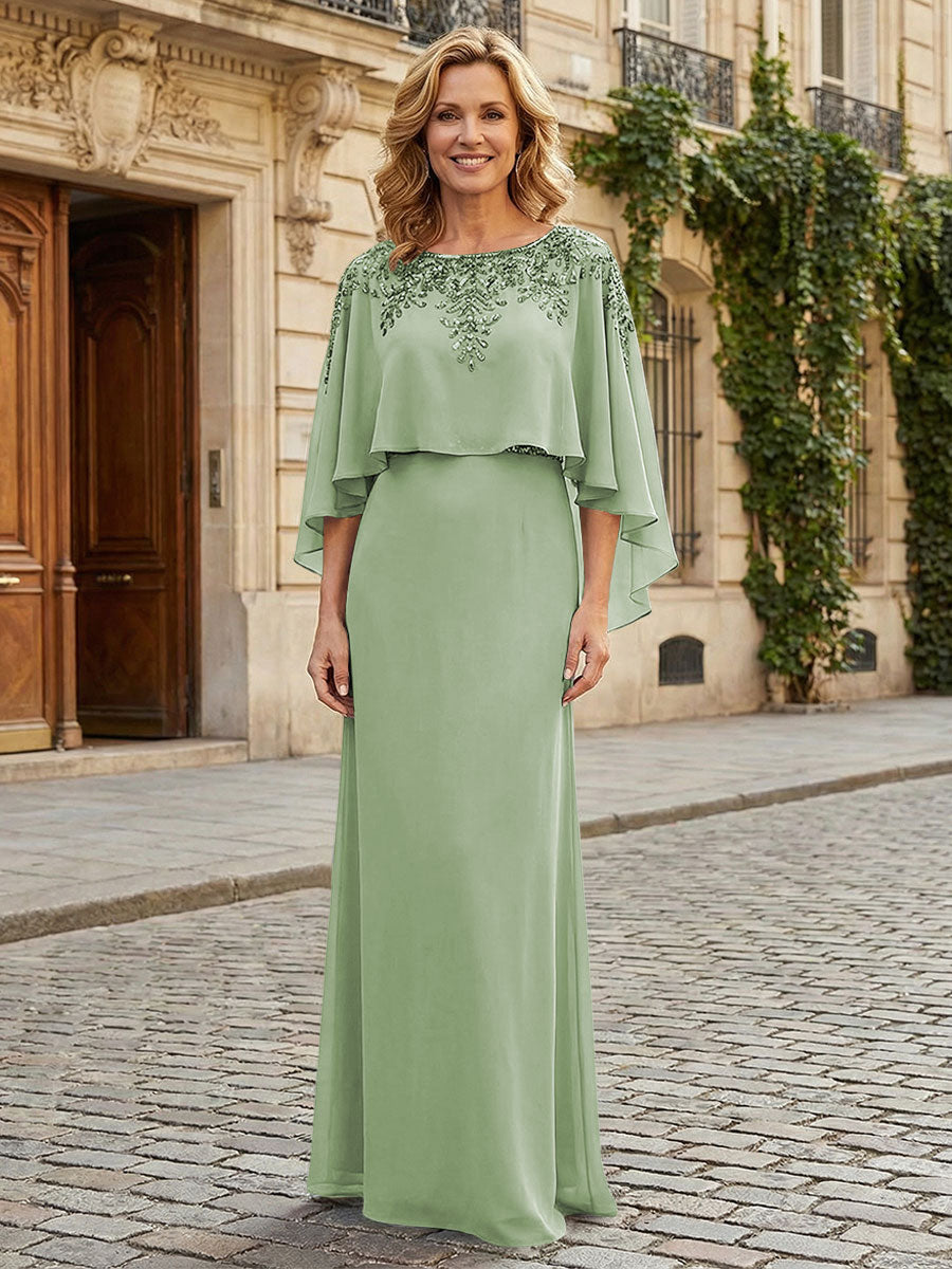Round Neck Chiffon Floor Length Mother of the Bride Dresses with Caps