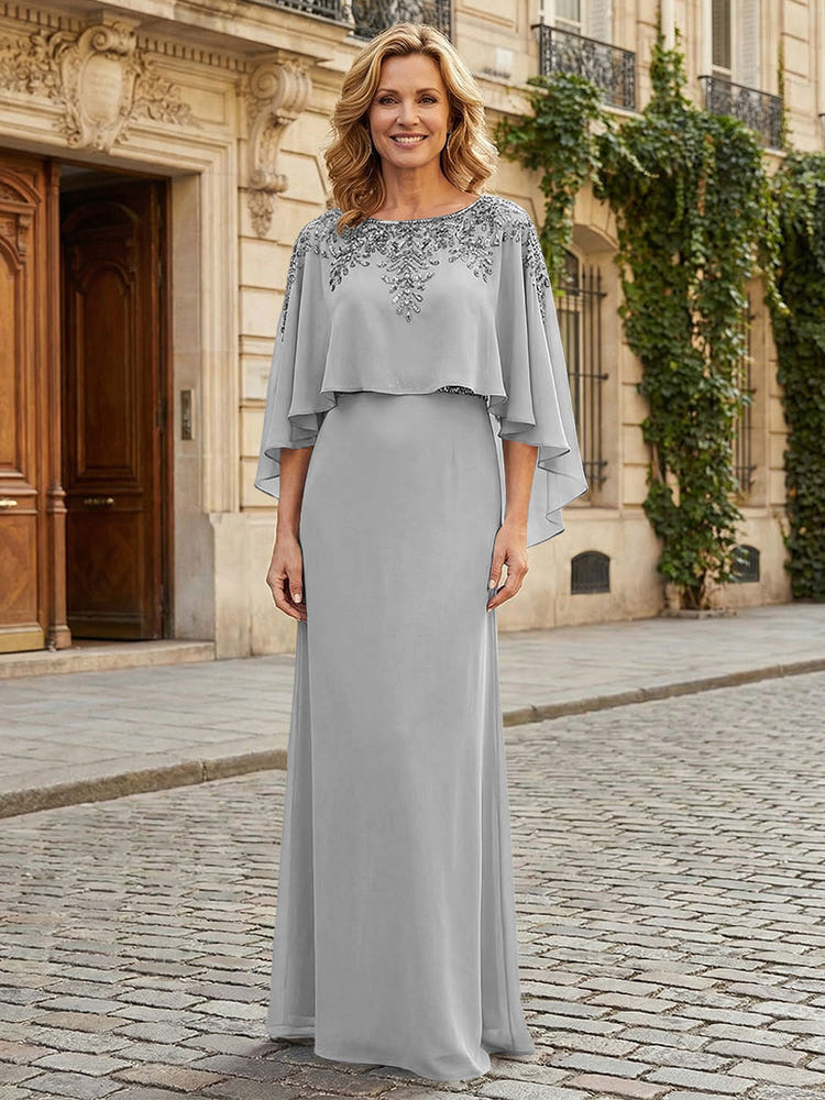 Round Neck Chiffon Floor Length Mother of the Bride Dresses with Caps