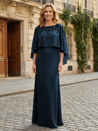Round Neck Chiffon Floor Length Mother of the Bride Dresses with Caps