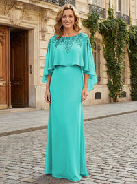 Round Neck Chiffon Floor Length Mother of the Bride Dresses with Caps