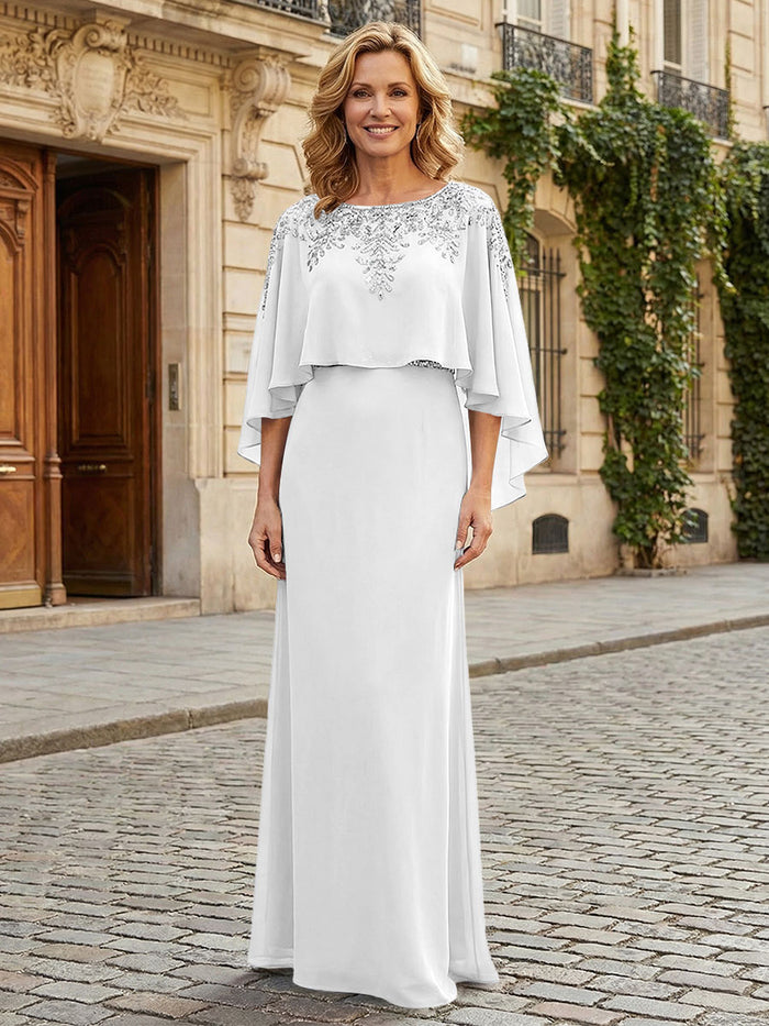 Round Neck Chiffon Floor Length Mother of the Bride Dresses with Caps