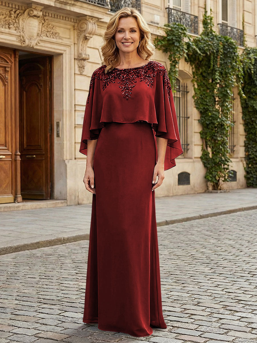Round Neck Chiffon Floor Length Mother of the Bride Dresses with Caps