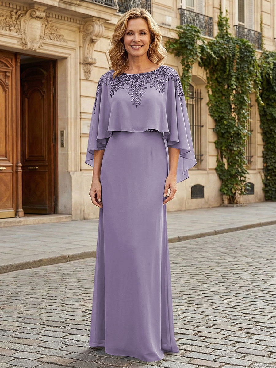 Round Neck Chiffon Floor Length Mother of the Bride Dresses with Caps