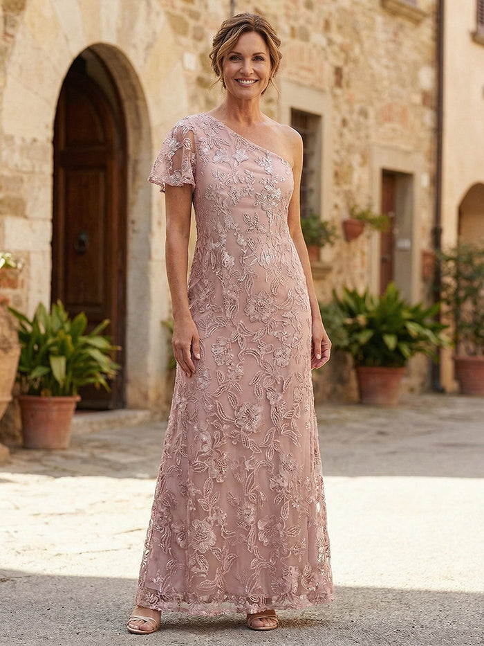 One Shoulder 3D Flower Appliques Mother of the Bride Dresses