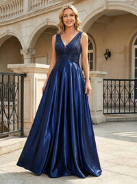 Satin Rhinestone V Neck Mother of the Bride Dresses