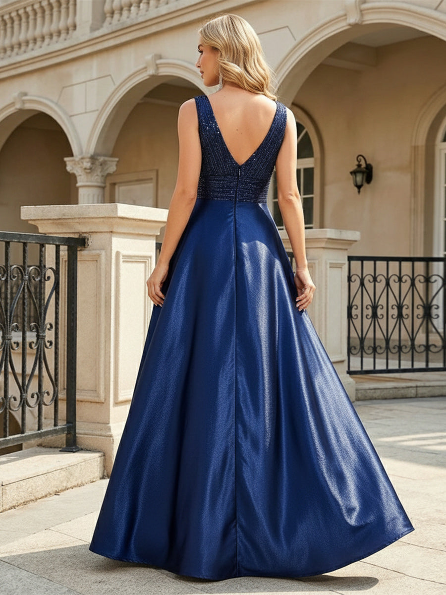 Satin Rhinestone V Neck Mother of the Bride Dresses