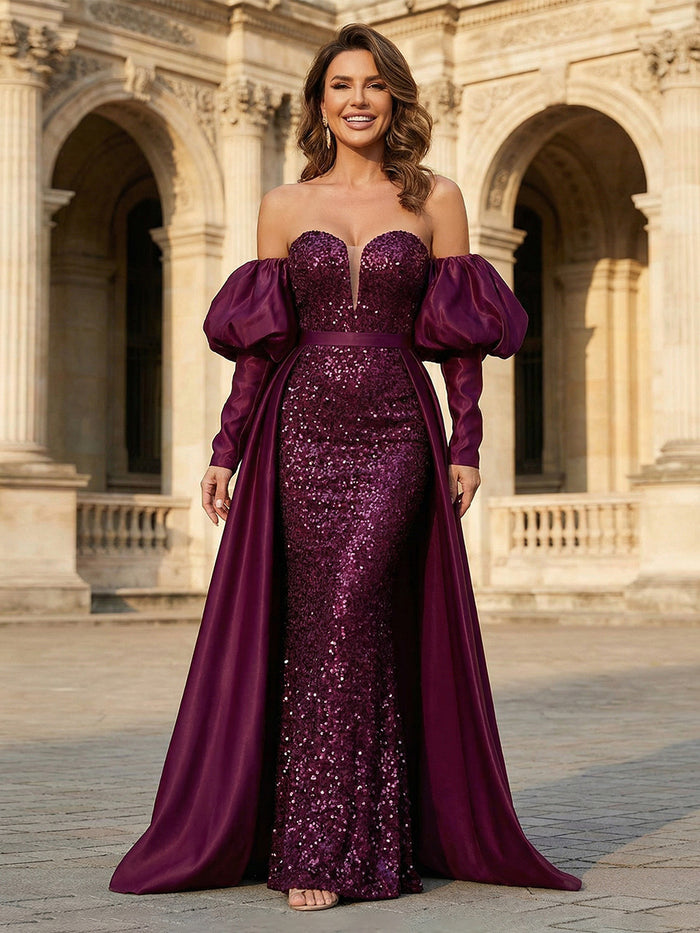 Off-the-Shoulder Sequin Mother of the Bride Dresses with Sleeves