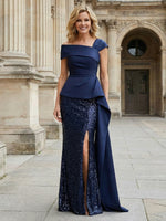 One-Shoulder Satin Sequin Mother of the Bride Dresses