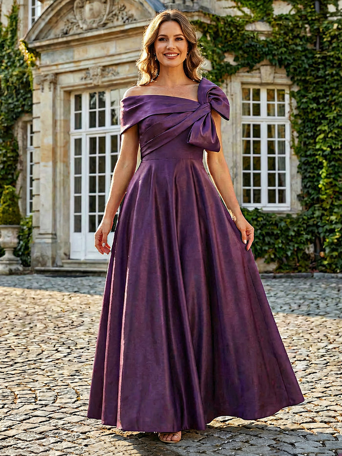One-Shoulder Satin Mother of the Bride Dresses with Bow