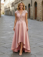 V-Neck Satin Mother of the Bride Dresses with Sleeves